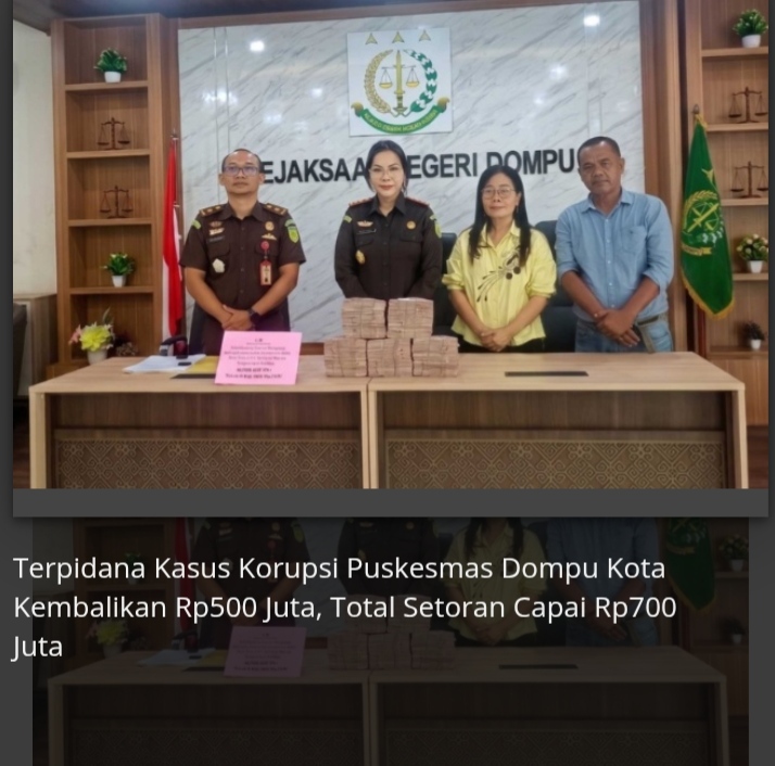 Terpidana Kasus Korupsi Puskesmas Dompu Kota Kembalikan Kerugian Negara.